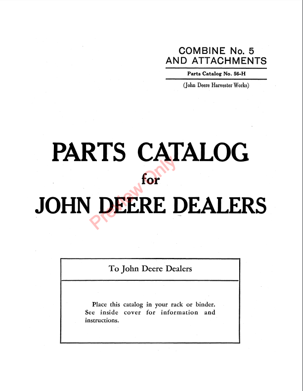 JOHN DEERE 5 COMBINE CAT56H - PARTS CATALOG MANUAL