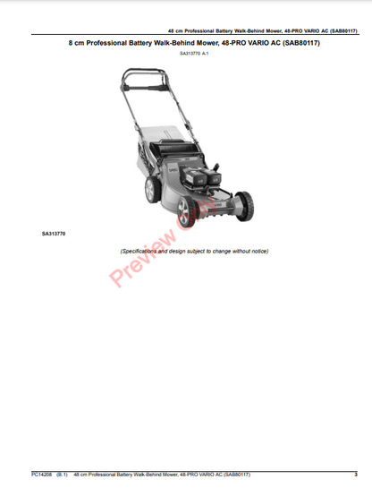 JOHN DEERE 48CM PROFESSIONAL BATTERY WALK-BEHIND MOWER, 48-PRO VARIO AC (SAB80117) PC14208 - PARTS CATALOG MANUAL