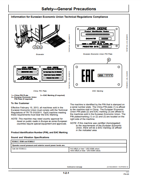 OPERATOR MANUAL - JOHN DEERE E330LC, E360, E360LC (E SERIES) Construction Excavator OMT347511X19