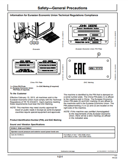 OPERATOR MANUAL - JOHN DEERE E330LC, E360, E360LC (E SERIES) Construction Excavator OMT347511X19