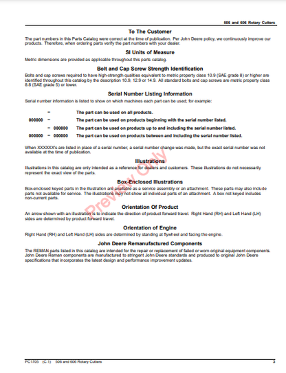 JOHN DEERE 506 AND 606 ROTARY CUTTERS PC1705 - PARTS CATALOG MANUAL