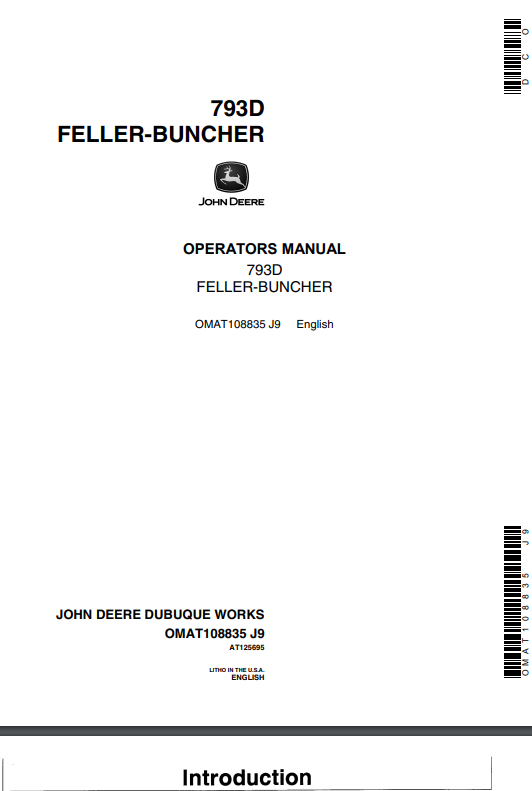 JOHN DEERE 793D (D SERIES) Forestry Tracked Feller Bunchers OPERATOR MANUAL - OMAT108835