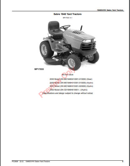 JOHN DEERE 1948GV/HV SABRE YARD TRACTORS PC2808 - PARTS CATALOG MANUAL