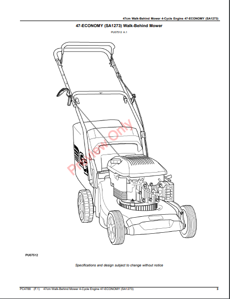 JOHN DEERE 47CM WALK-BEHIND MOWER 4-CYCLE ENGINE, 47-ECONOMY (SA1273) PC4788 - PARTS CATALOG MANUAL