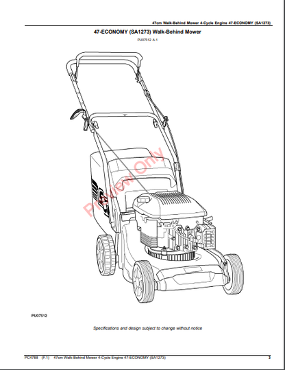 JOHN DEERE 47CM WALK-BEHIND MOWER 4-CYCLE ENGINE, 47-ECONOMY (SA1273) PC4788 - PARTS CATALOG MANUAL