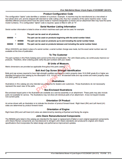 JOHN DEERE 47CM WALK-BEHIND MOWER 4-CYCLE ENGINE, 47-ECONOMY (SA1273) PC4788 - PARTS CATALOG MANUAL