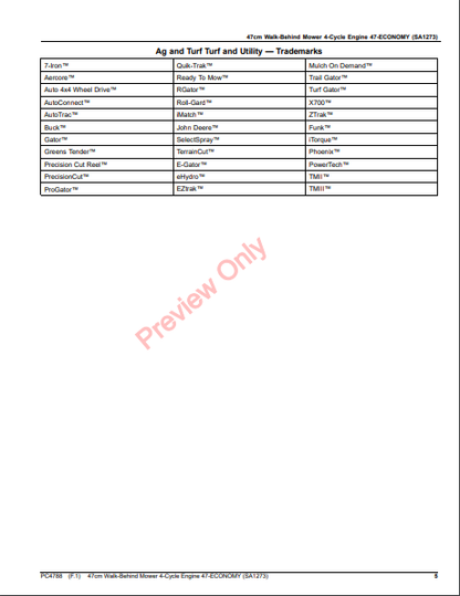 JOHN DEERE 47CM WALK-BEHIND MOWER 4-CYCLE ENGINE, 47-ECONOMY (SA1273) PC4788 - PARTS CATALOG MANUAL