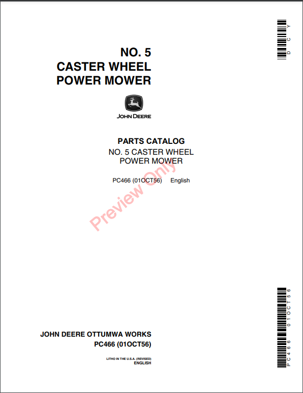 JOHN DEERE NO.5 CASTER-WHEEL POWER MOWER PC466 - PARTS CATALOG MANUAL