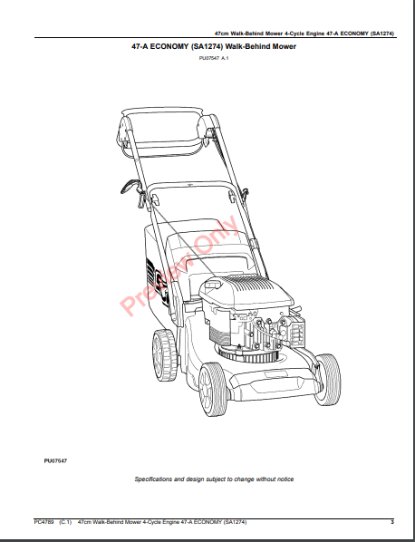 JOHN DEERE 47CM WALK-BEHIND MOWER 4-CYCLE ENGINE, 47-A ECONOMY (SA1274) PC4789 - PARTS CATALOG MANUAL