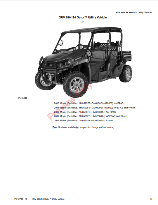 JOHN DEERE XUV 590I S4 GATOR UTILITY VEHICLE PC12785 - PARTS CATALOG MANUAL