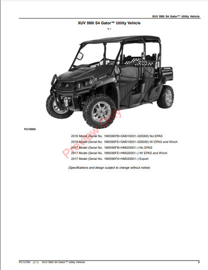 JOHN DEERE XUV 590I S4 GATOR UTILITY VEHICLE PC12785 - PARTS CATALOG MANUAL