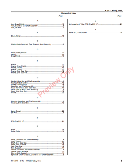 JOHN DEERE RT4522 ROTARY TILLER PC13517 - PARTS CATALOG MANUAL