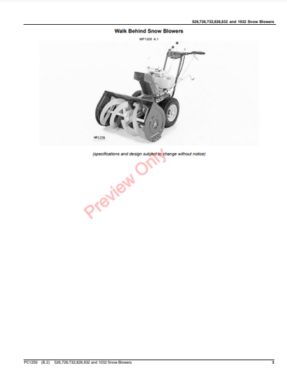 JOHN DEERE 526, 726, 732, 826, 832 AND 1032 WALK-BEHIND SNOW BLOWERS PC1250 - PARTS CATALOG MANUAL