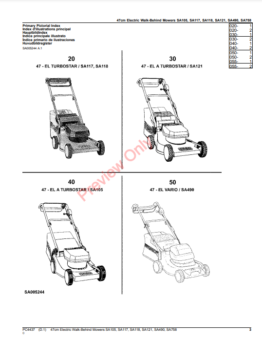 JOHN DEERE 47CM ELECTRIC WALK-BEHIND MOWERS SA105, SA117, SA118, SA121, SA490, SA758 PC4437 - PARTS CATALOG MANUAL