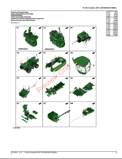 JOHN DEERE T6 500 COMBINE PC14523 - PARTS CATALOG MANUAL