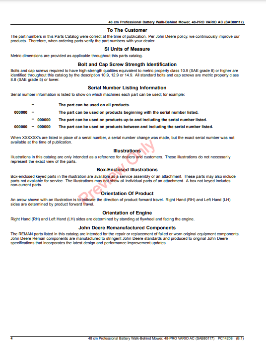 JOHN DEERE 48CM PROFESSIONAL BATTERY WALK-BEHIND MOWER, 48-PRO VARIO AC (SAB80117) PC14208 - PARTS CATALOG MANUAL