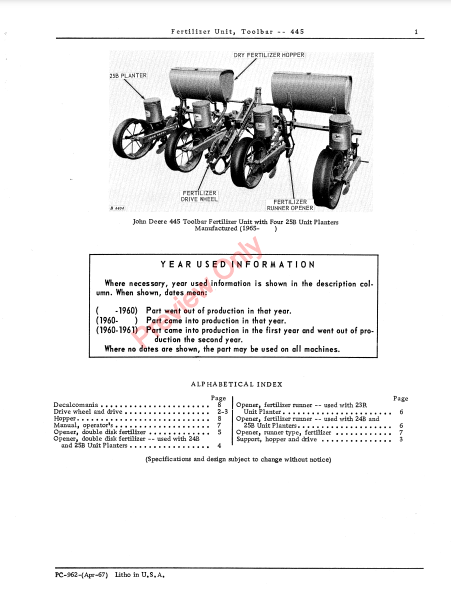 JOHN DEERE TOOLBAR FERTILIZER UNIT - 445 PC962 - PARTS CATALOG MANUAL