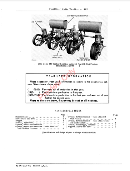 JOHN DEERE TOOLBAR FERTILIZER UNIT - 445 PC962 - PARTS CATALOG MANUAL