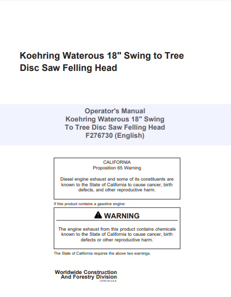 F276730 - JOHN DEERE 18 INCH (INCH SERIES) Forestry Dtt Disc Saw Felling Head OPERATOR MANUAL