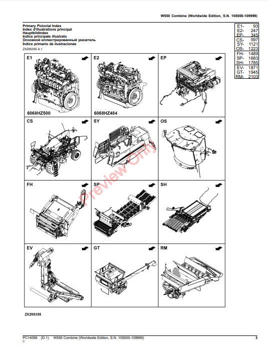 JOHN DEERE W550 COMBINE (WORLDWIDE EDITION) PC14056 - PARTS CATALOG MANUAL