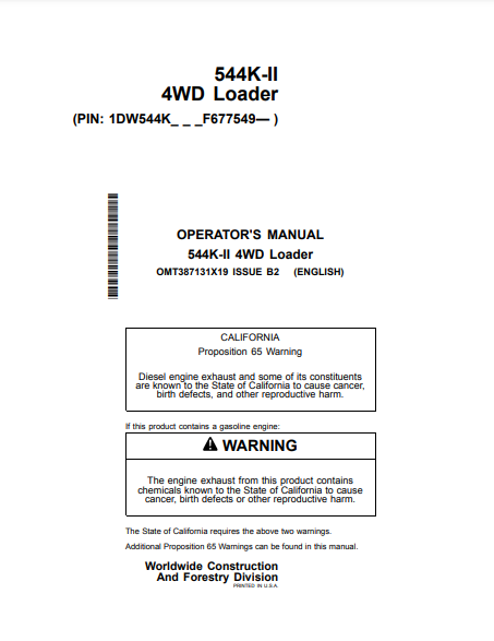 OPERATOR MANUAL - JOHN DEERE 544K SERIES II (0) Construction Loader OMT387131X19