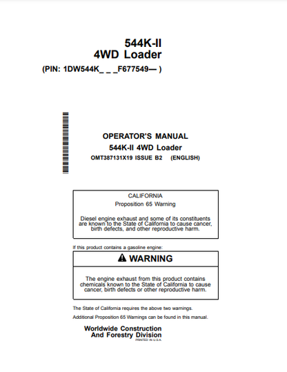 OPERATOR MANUAL - JOHN DEERE 544K SERIES II (0) Construction Loader OMT387131X19