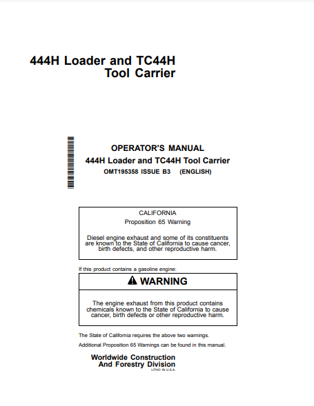 OMT195358- JOHN DEERE 444H,TC44H (H SERIES) Construction Loaders OPERATOR MANUAL