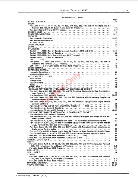 JOHN DEERE 45W FARM LOADER PC549 - PARTS CATALOG MANUAL