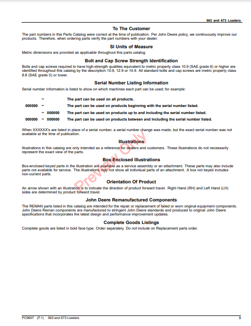 JOHN DEERE 563 AND 673 LOADERS PC9607 - PARTS CATALOG MANUAL