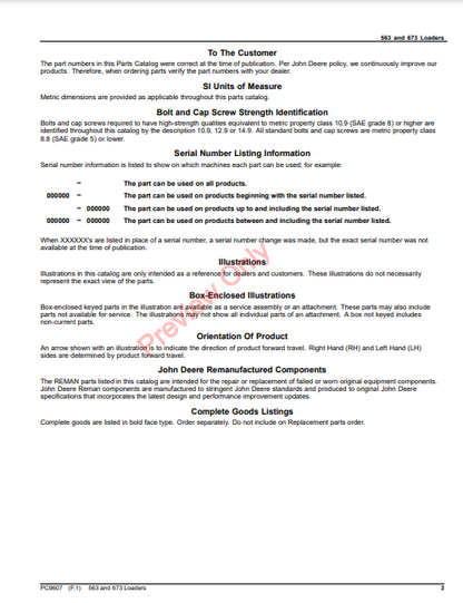 JOHN DEERE 563 AND 673 LOADERS PC9607 - PARTS CATALOG MANUAL