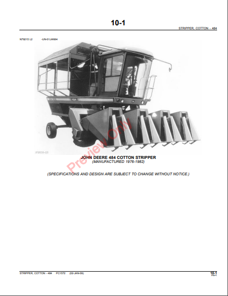 JOHN DEERE 484 COTTON STRIPPER PC1572 - PARTS CATALOG MANUAL