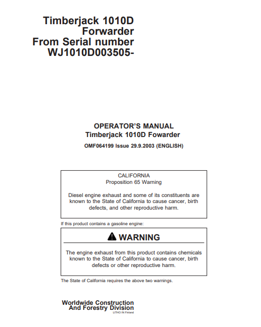 JOHN DEERE 1010D (D SERIES_TIMBERJACK MODELS) FORESTRY Forwarders OPERATOR MANUAL - OMF064199