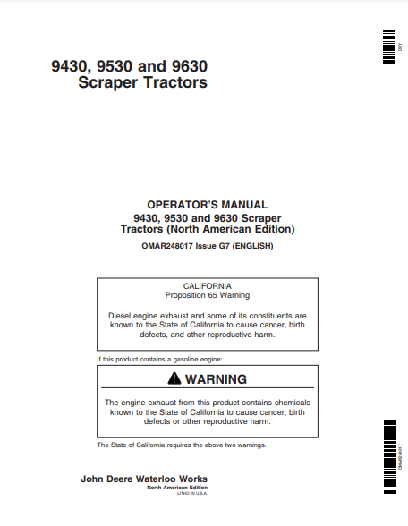 OMAR248017 - JOHN DEERE 9430,9530,9630 Construction Scrapers OPERATOR MANUAL