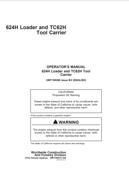 OMT195360 - JOHN DEERE 624H,TC62H,TC 624HLL (H SERIES) Construction Loaders OPERATOR MANUAL