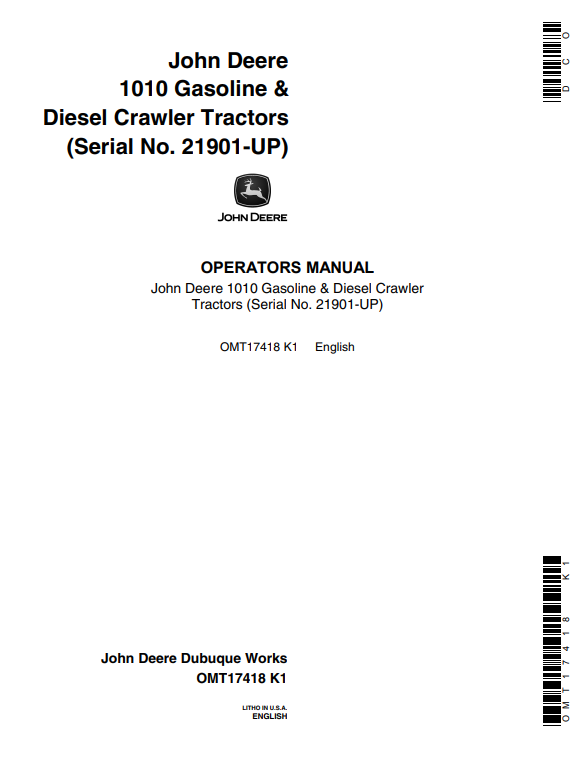 JOHN DEERE 1010 (SERIES) Construction Crawlers OPERATOR MANUAL - OMT17418