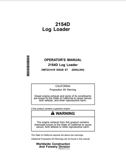 OMT231419 - JOHN DEERE 2154D (D SERIES) Forestry Log Loaders OPERATOR MANUAL