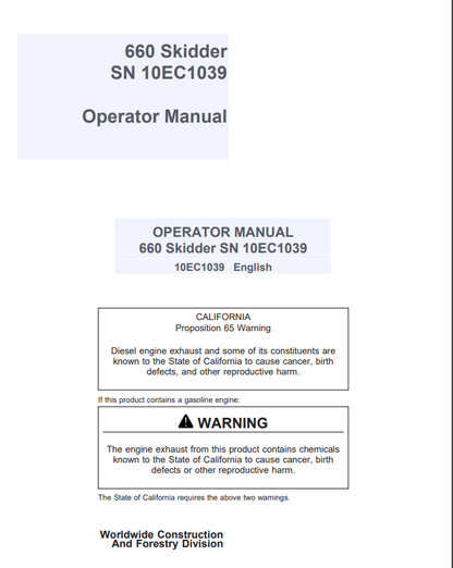 JOHN DEERE 660 Forestry Skidders OPERATOR MANUAL - 10EC1039