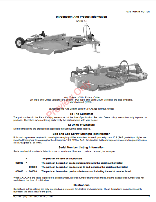 JOHN DEERE HX10 ROTARY CUTTER PC2792 - PARTS CATALOG MANUAL