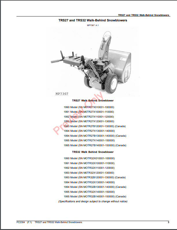 JOHN DEERE TRS27 AND TRS32 WALK-BEHIND SNOWBLOWERS PC2304 - PARTS CATALOG MANUAL