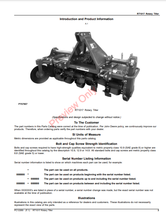 JOHN DEERE RT1017 ROTARY TILLER PC12269 - PARTS CATALOG MANUAL