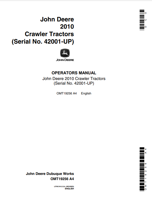 JOHN DEERE 2010 ( SERIES) Construction Crawlers OPERATOR MANUAL - OMT191155