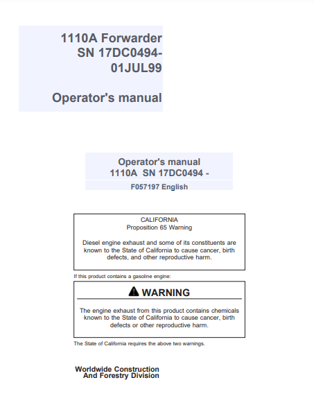 F055197 - JOHN DEERE 1110 (A SERIES) Forestry Forwarder OPERATOR MANUAL