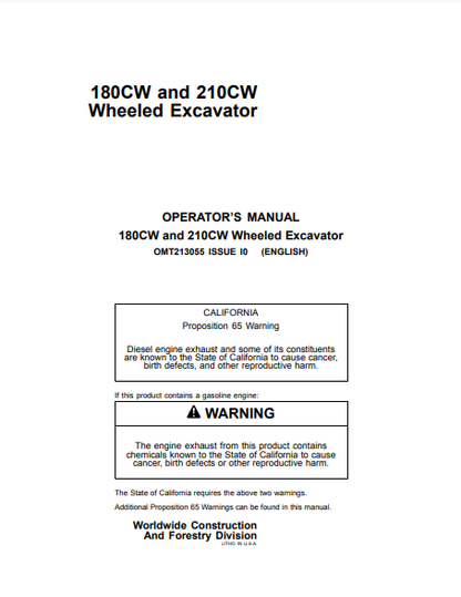 OMT213055 - JOHN DEERE 180CW,210CW (C SERIES) Construction Excavators OPERATOR MANUAL