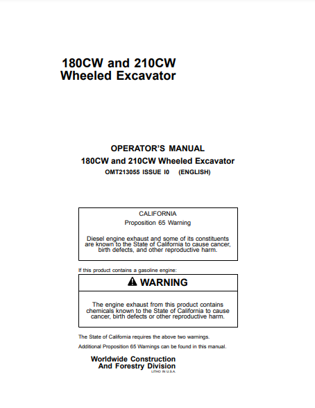 OMT213055 - JOHN DEERE 180CW,210CW (C SERIES) Construction Excavators OPERATOR MANUAL