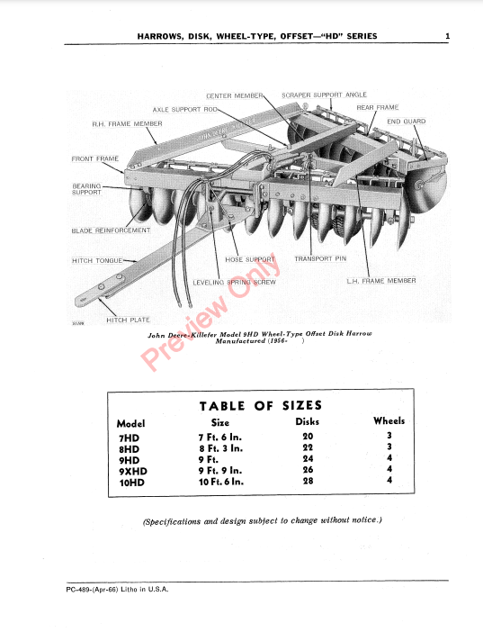 JOHN DEERE HD SERIES OFFSET WHEEL-TYPE DISK HARROWS PC489 - PARTS CATALOG MANUAL