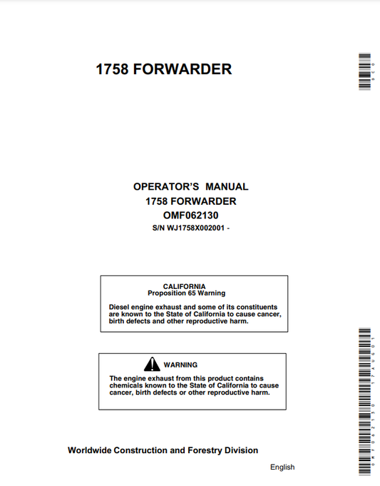 JOHN DEERE 1758 (58 SERIES) Forestry Forwarders OPERATOR MANUAL - OMF062130