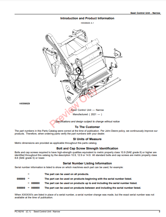 JOHN DEERE SEED CONTROL UNIT - NARROW PC16216 - PARTS CATALOG MANUAL