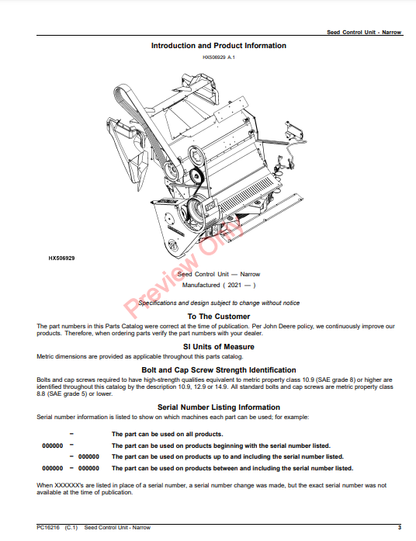 JOHN DEERE SEED CONTROL UNIT - NARROW PC16216 - PARTS CATALOG MANUAL