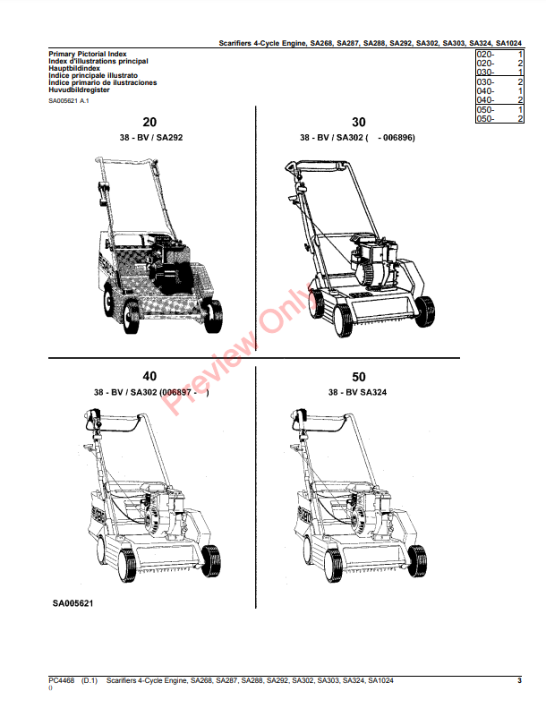 JOHN DEERE SCARIFIERS 4-CYCLE ENGINE, SA268, SA287, SA288, SA292, SA302, SA303, SA324, SA1024 PC4468 - PARTS CATALOG MANUAL