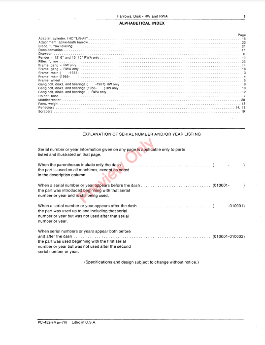 JOHN DEERE RW, RWA DISK HARROWS PC452 - PARTS CATALOG MANUAL